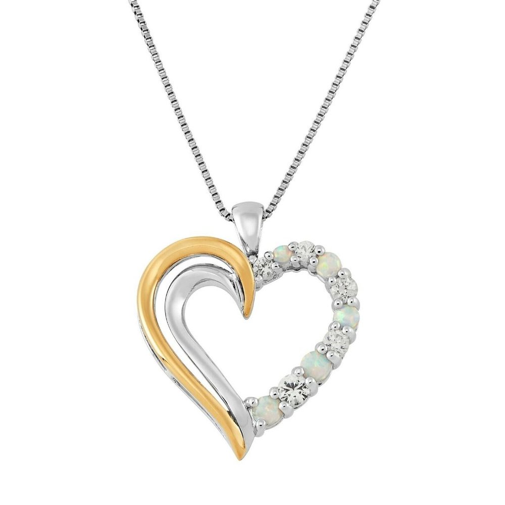 Opal & White Sapphire Open Heart Pendant in Sterling Silver and 10k Gold 18"
